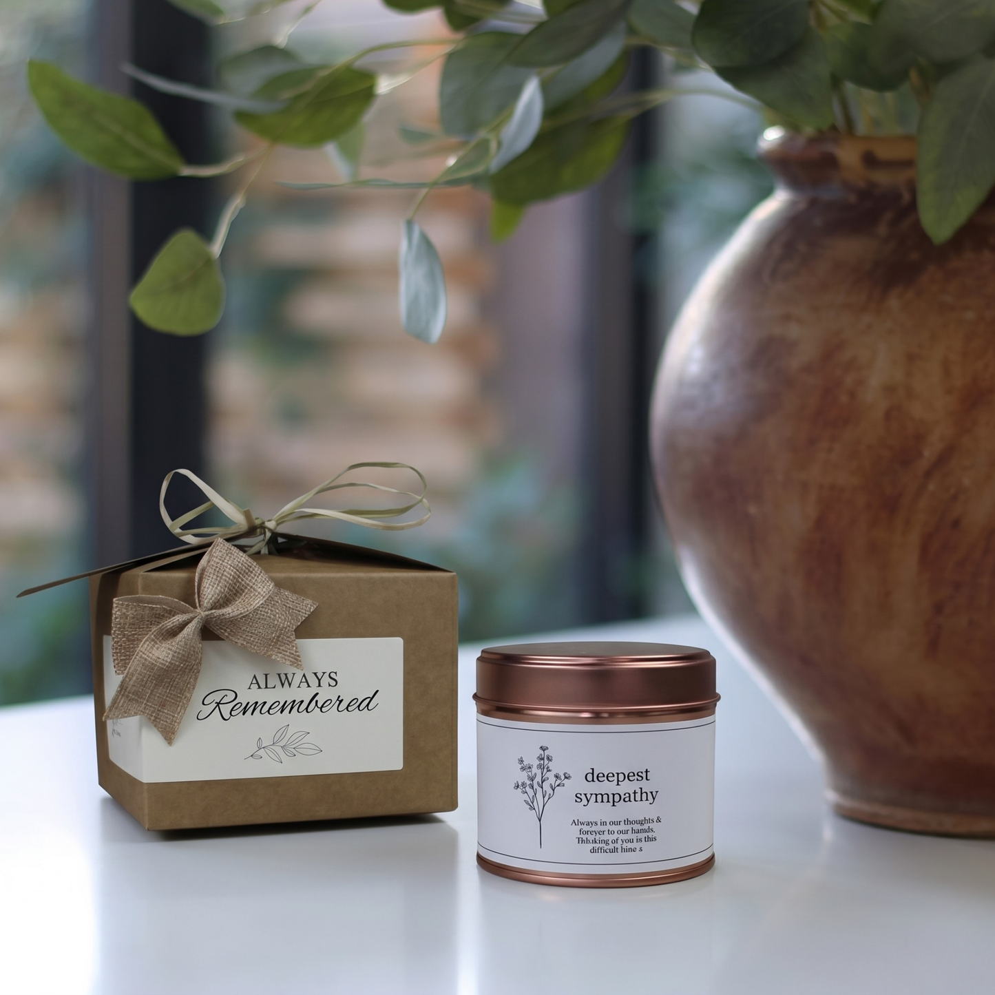 Custom bereavement condolence gift box featuring a personalized deepest sympathy memorial candle and matching home fragrance diffuser by Hideaway Home Fragrances.