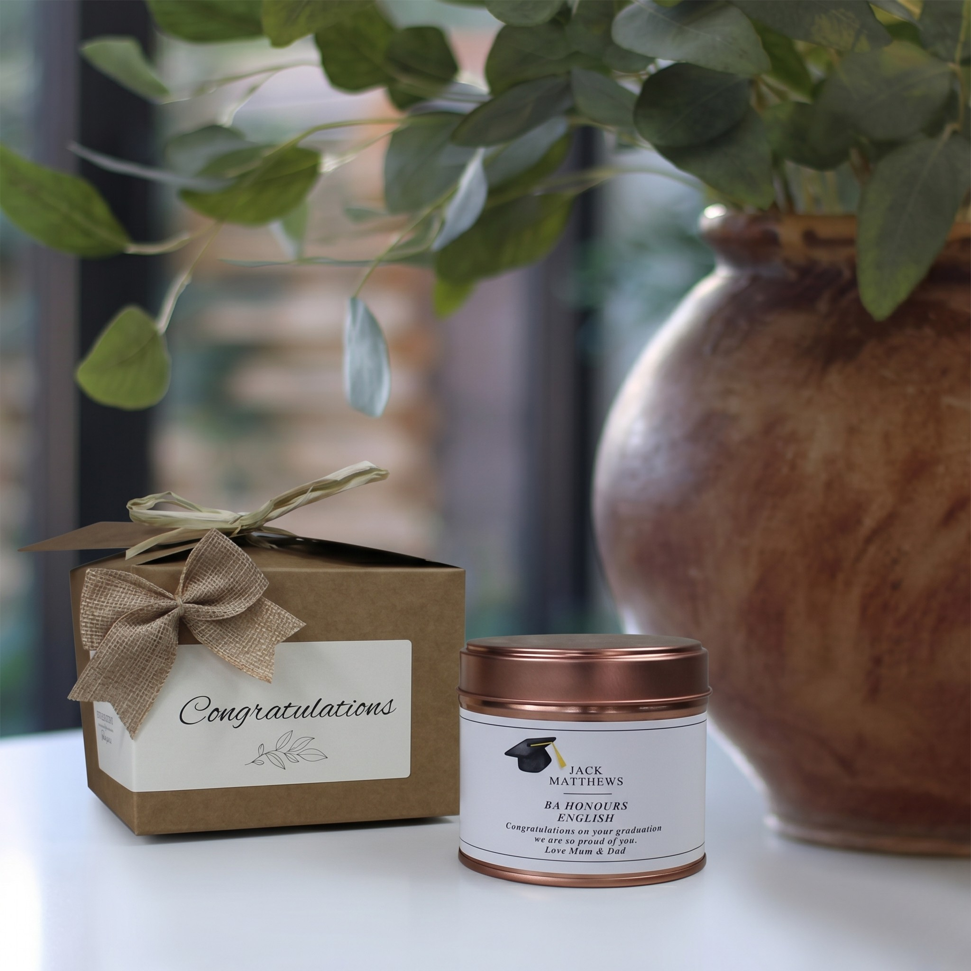Custom university degree graduation candle gift with personalized name and academic milestone design - Hideaway Home Fragrances