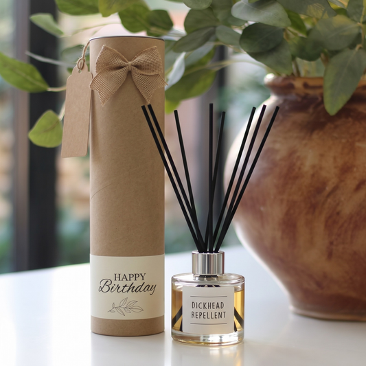 Funny repellent sarcastic birthday candle and reed diffuser keepsake gift set ready to give - Hideaway Home Fragrances