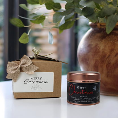 Custom chic holiday candle gift with personalized family name minimalist christmas design - Hideaway Home Fragrances
