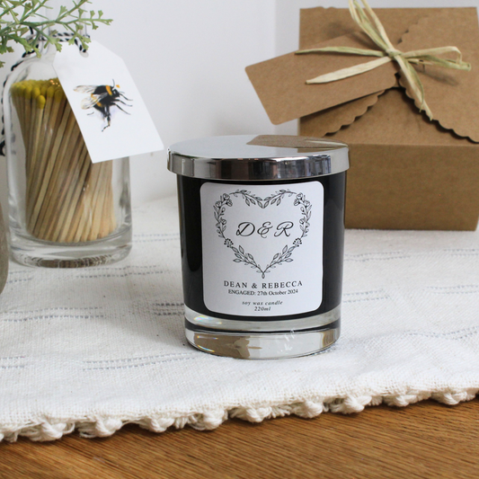 Personalised botanical engagement candle with heart and couple’s initials – Hideaway Home Fragrances