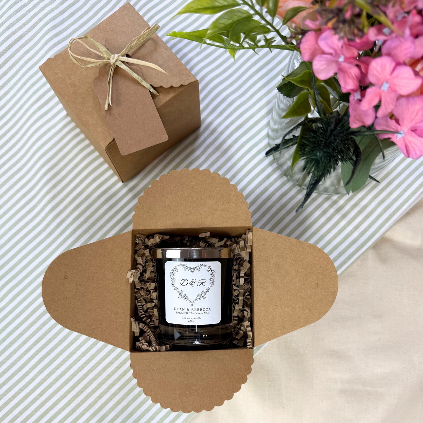 Custom engagement candle keepsake featuring botanical theme and initials – Hideaway Home Fragrances