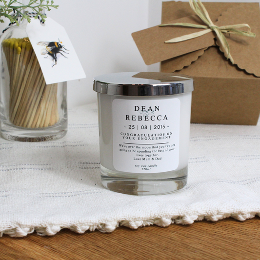 Personalised engagement candle gift for happy couple with custom message – Hideaway Home Fragrances