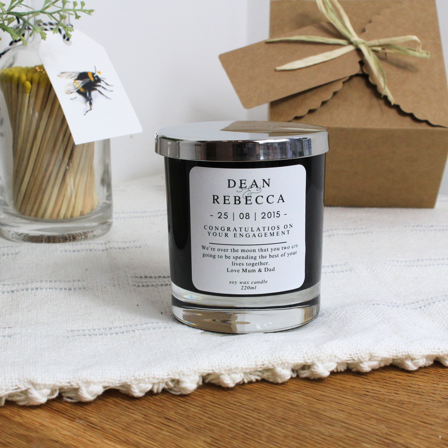 Luxury hand-poured candle keepsake celebrating couple’s engagement – Hideaway Home Fragrances