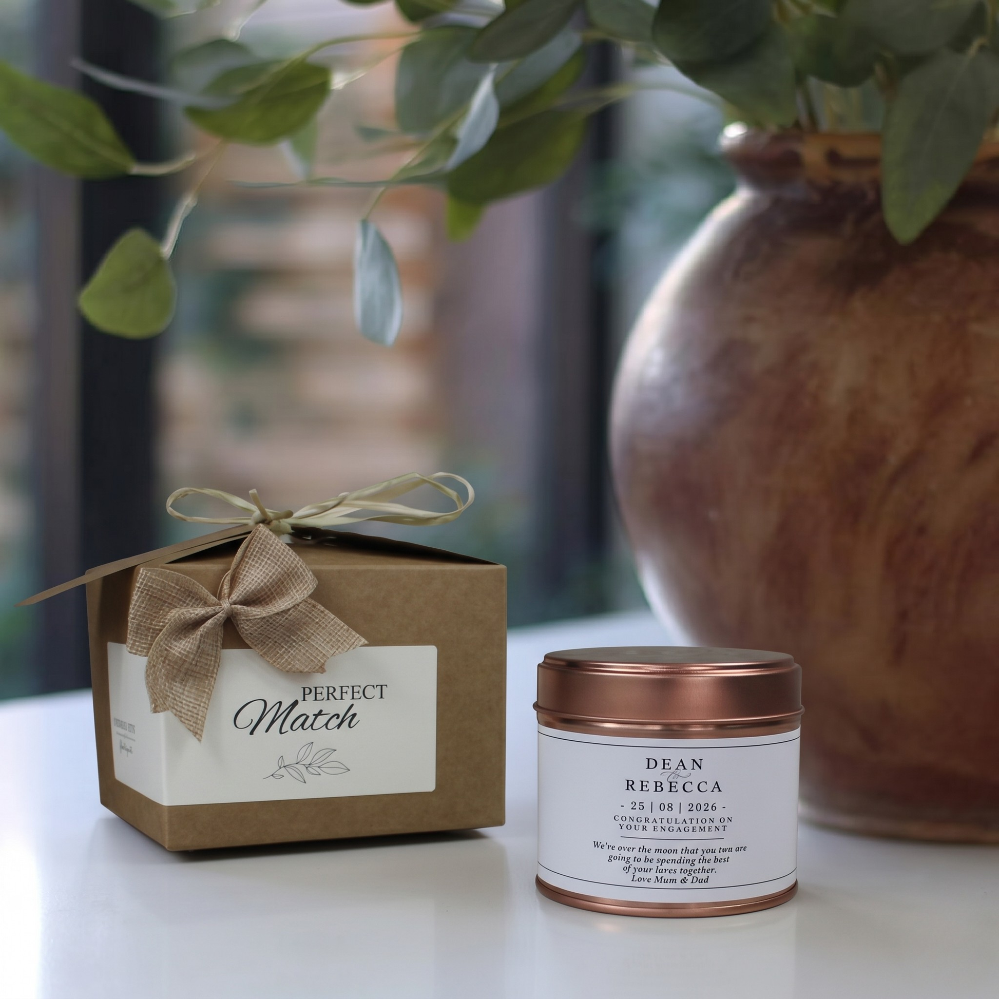 Custom engagement celebration gift box with a personalized milestone candle and matching home fragrance reed diffuser by Hideaway Home Fragrances.