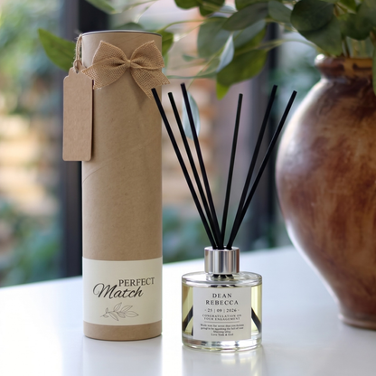 Personalised engagement keepsake gift set featuring a custom scented candle and luxury reed diffuser, beautifully boxed and ready to gift by Hideaway Home Fragrances.