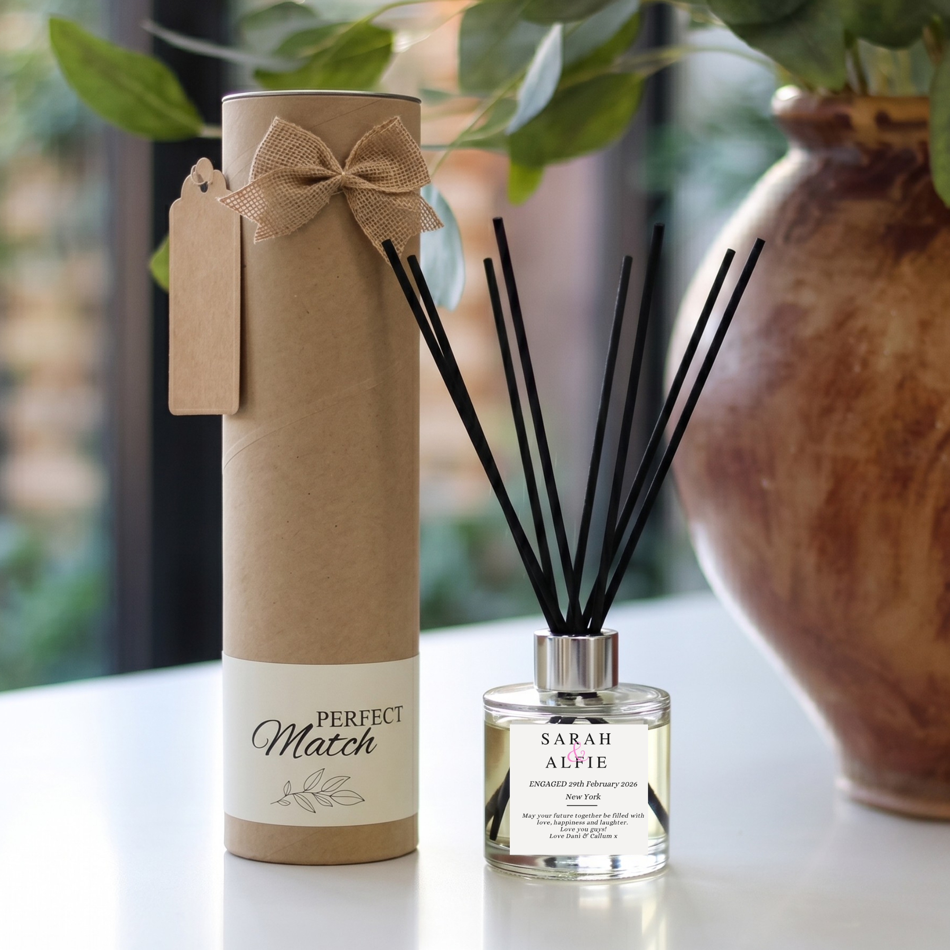 Personalised engagement location candle and luxury reed diffuser keepsake gift set, beautifully packaged and ready to gift by Hideaway Home Fragrances.