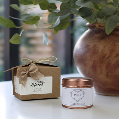 Custom initial monogrammed gift box featuring a personalized couple's engagement candle and matching home fragrance diffuser by Hideaway Home Fragrances.
