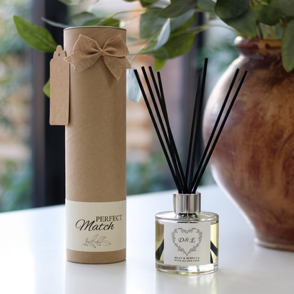 Personalised engagement monogram candle and luxury reed diffuser keepsake gift set, beautifully packaged and ready to gift by Hideaway Home Fragrances.