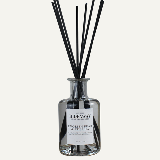 English Pear and Freesia Reed Diffuser – Fresh Elegant Refined Home Fragrance with Ripe Pears and White Freesia | Hideaway Home Fragrances