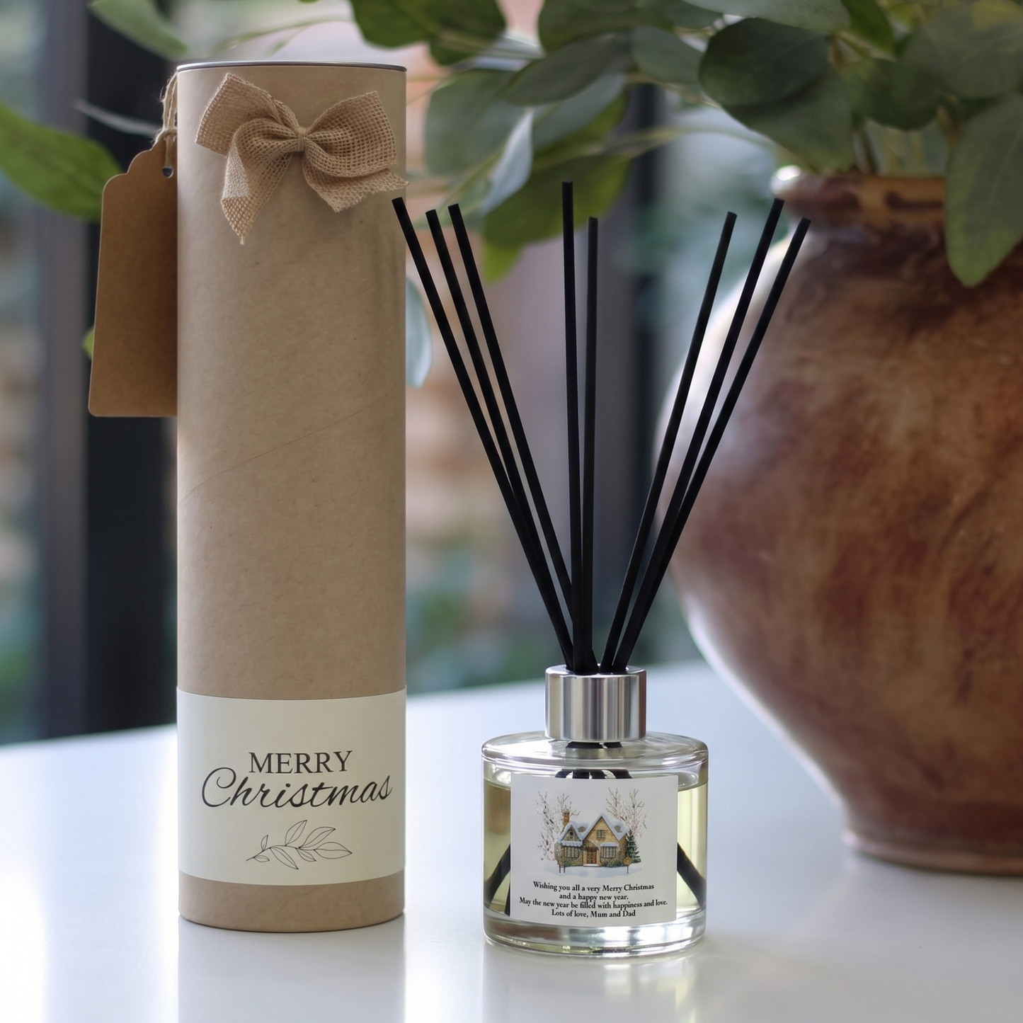 Personalised cottage christmas candle and reed diffuser keepsake gift set ready to give - Hideaway Home Fragrances
