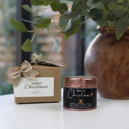 Custom reindeer and elf holiday candle gift with personalized family name christmas design - Hideaway Home Fragrances