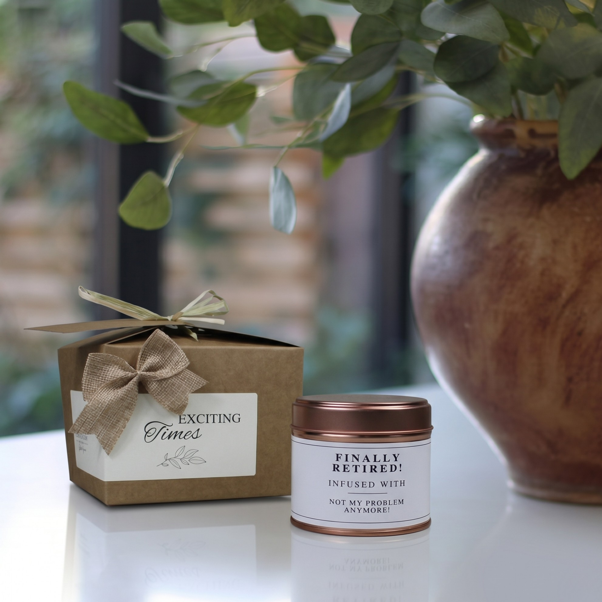Custom luxury retirement congratulations gift box featuring a humorous coworker farewell candle and matching home fragrance diffuser by Hideaway Home Fragrances.