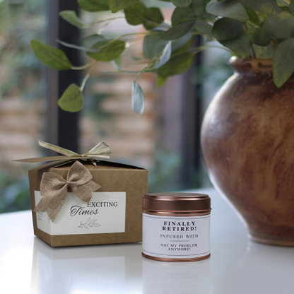 Custom luxury retirement congratulations gift box featuring a humorous coworker farewell candle and matching home fragrance diffuser by Hideaway Home Fragrances.