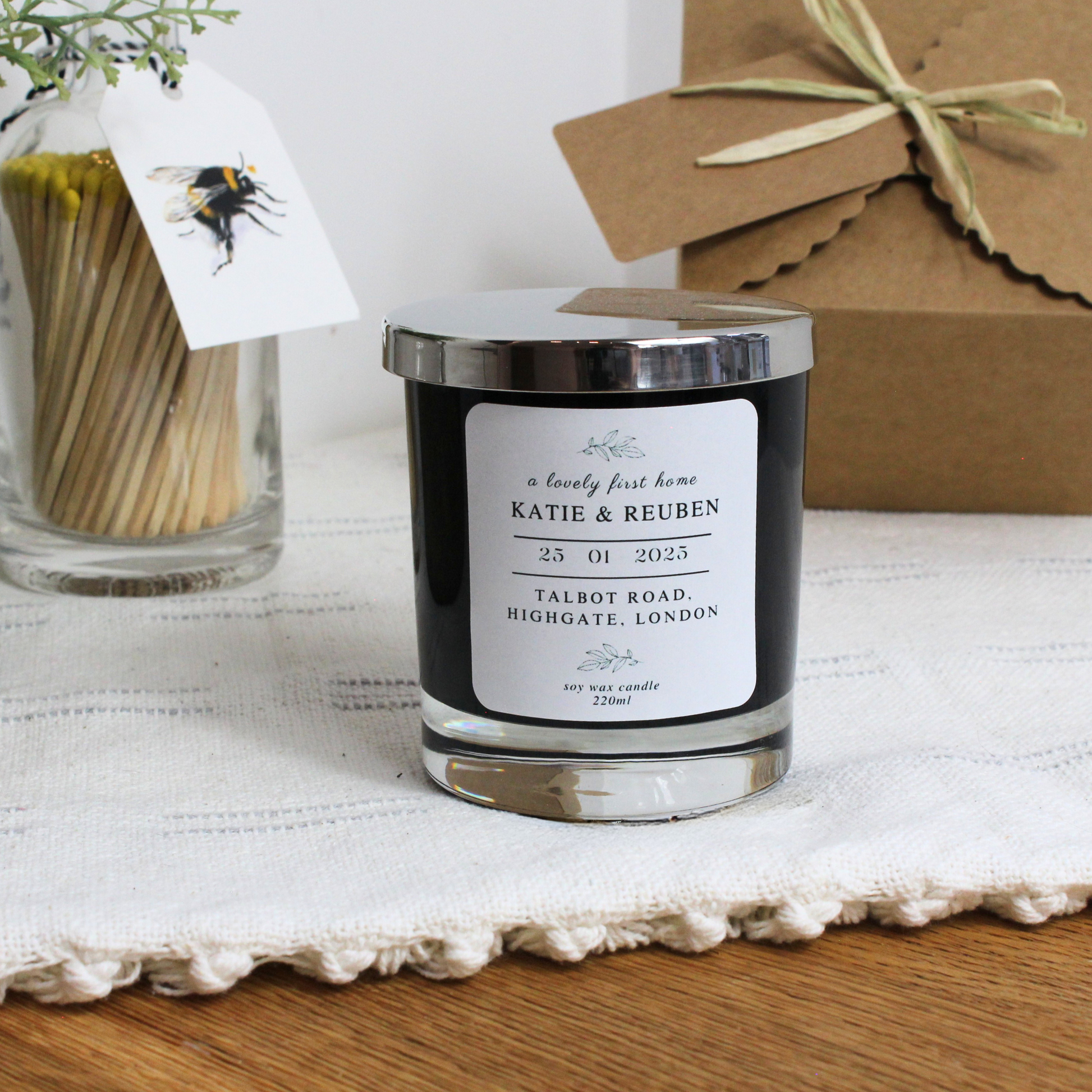 Elegant hand-poured personalised candle to celebrate a new home – Hideaway Home Fragrances