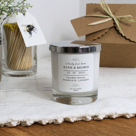 Personalised First Home candle with names, location, and moving-in date – Hideaway Home Fragrances