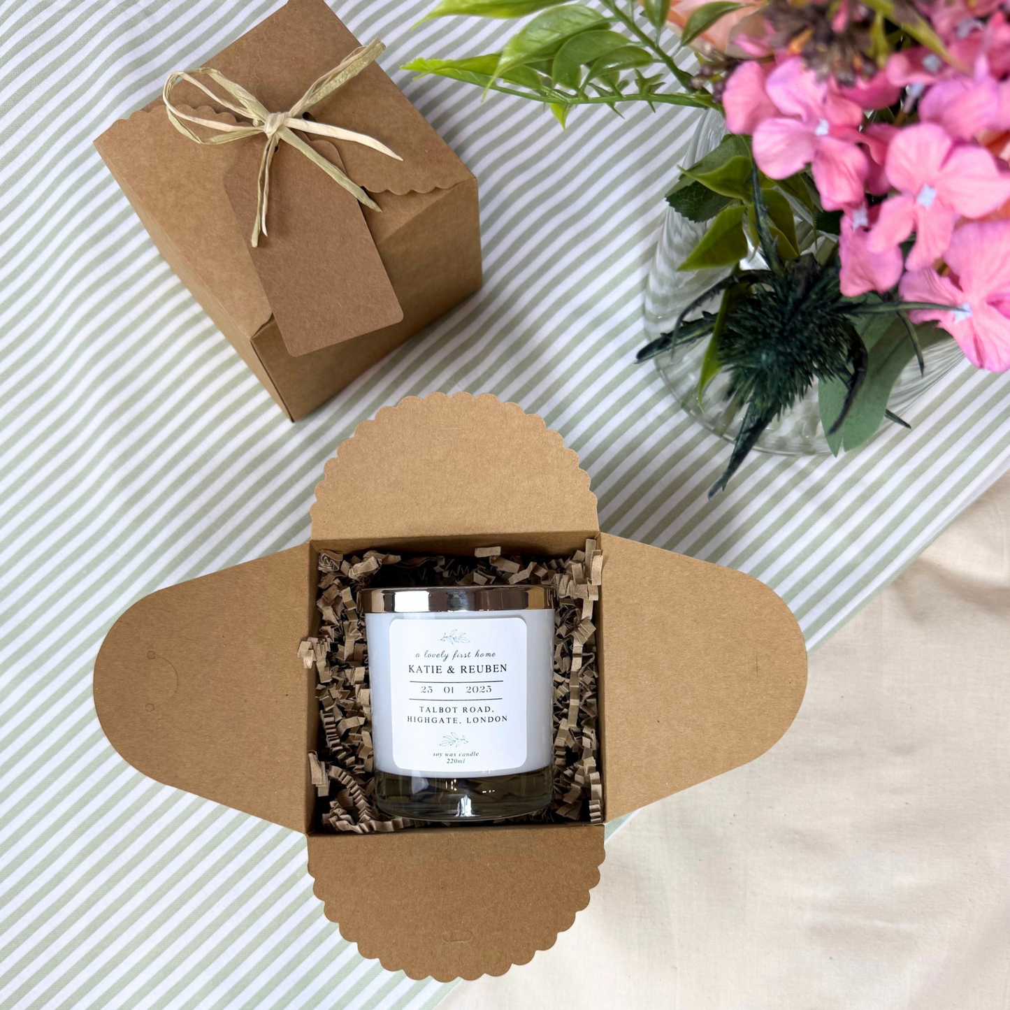 Thoughtful First Home candle keepsake with custom message for new homeowners – Hideaway Home Fragrances