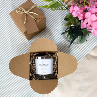 Thoughtful First Home candle keepsake with custom message for new homeowners – Hideaway Home Fragrances