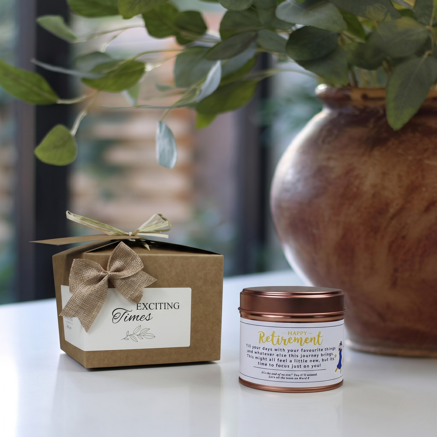Custom luxury retirement congratulations gift box featuring a wellness-focused coworker farewell candle and matching home fragrance diffuser by Hideaway Home Fragrances.