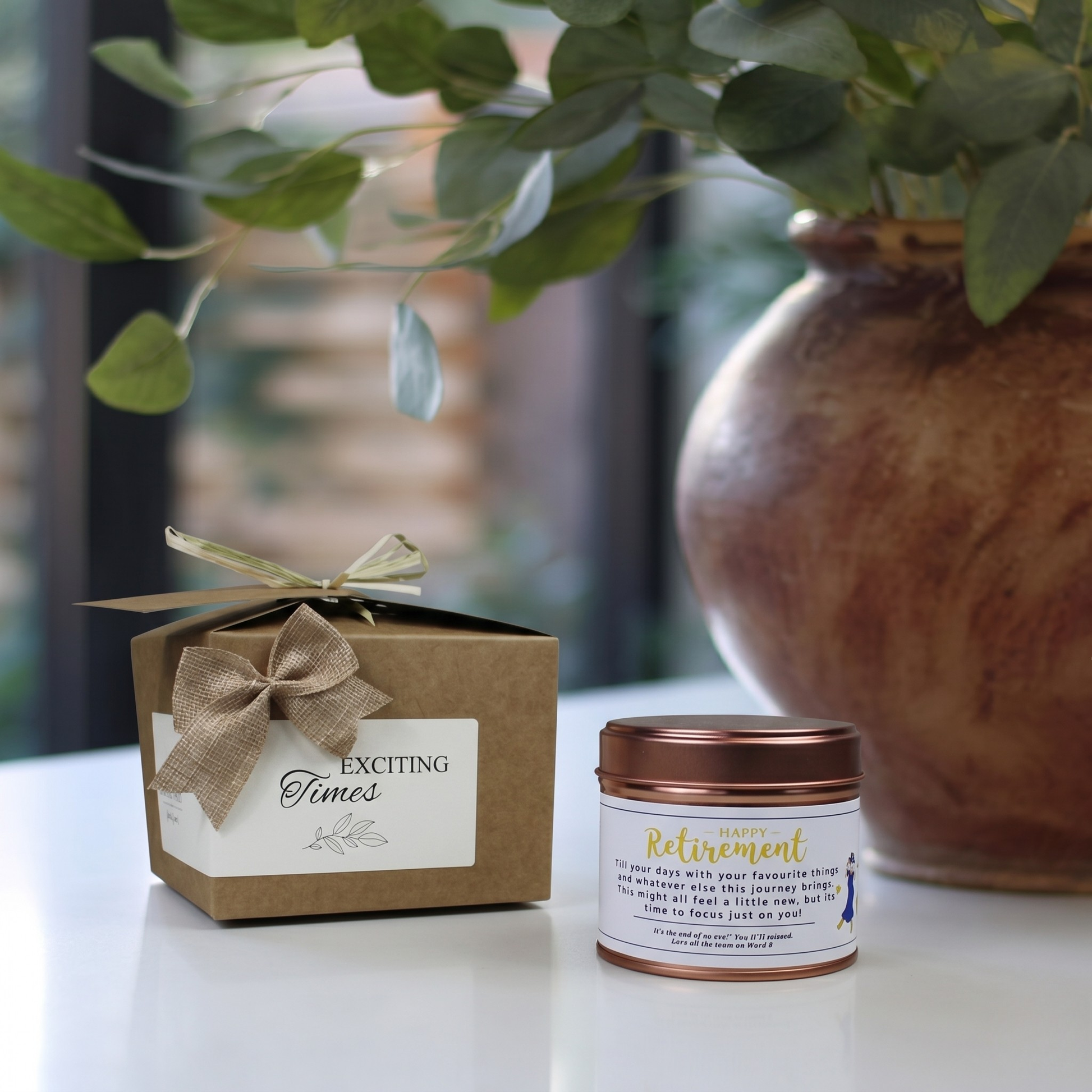 Custom luxury retirement congratulations gift box featuring a wellness-focused coworker farewell candle and matching home fragrance diffuser by Hideaway Home Fragrances.