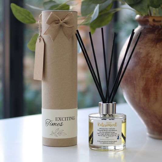 Personalised "Focus Just On You" retirement candle and luxury reed diffuser keepsake gift set, beautifully packaged and ready to gift by Hideaway Home Fragrances.