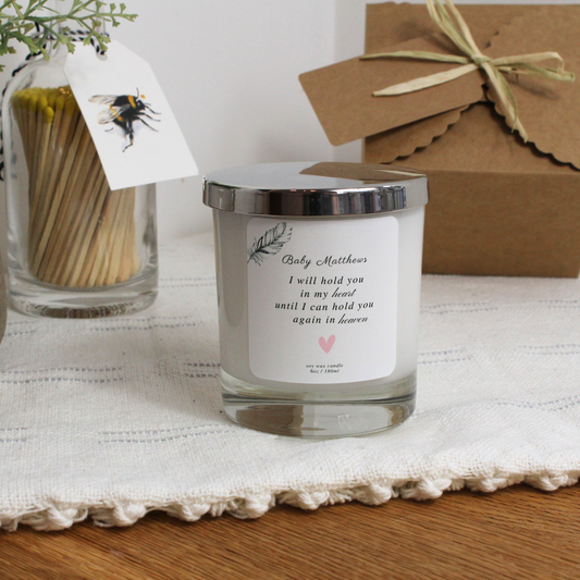 Personalised Forever in My Heart candle with baby’s name for remembrance – Hideaway Home Fragrances