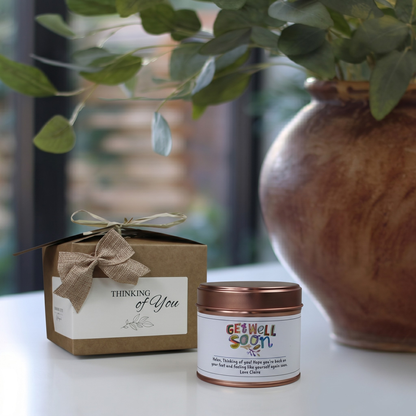 Custom text recovery care package gift box featuring a personalised feel better soon candle and matching home fragrance diffuser by Hideaway Home Fragrances.