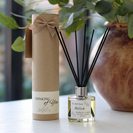 Personalised "Get Well Soon" floral candle and luxury reed diffuser keepsake gift set, beautifully packaged and ready to gift by Hideaway Home Fragrances.