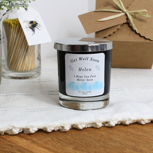 Get Well Soon personalised candle gift with custom name and message – Hideaway Home Fragrances