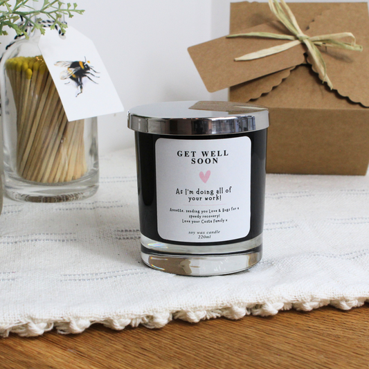 Get Well Soon personalised candle with ‘I’m Doing All Your Work’ humorous message – Hideaway Home Fragrances