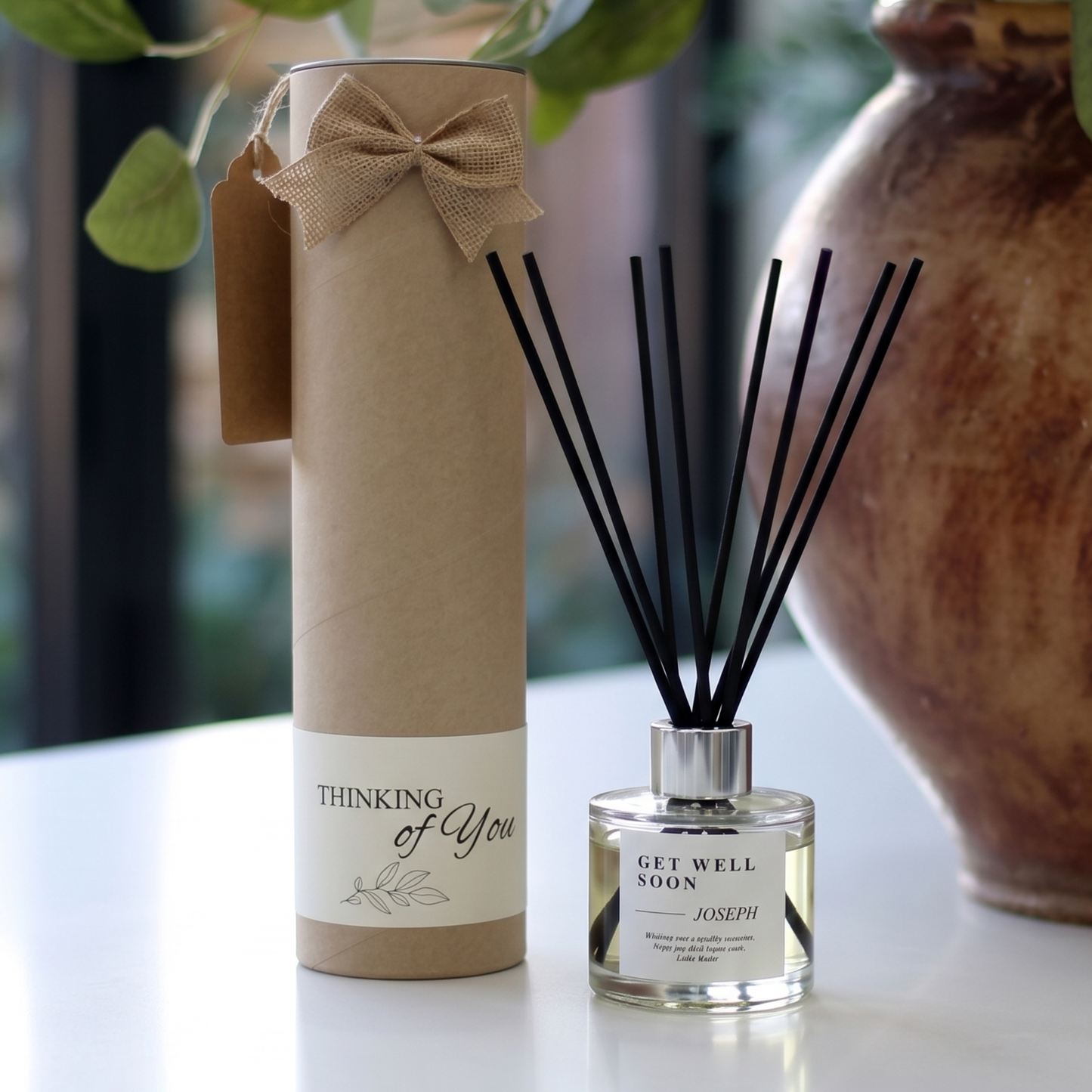 Personalised "Get Well Soon" name candle and luxury reed diffuser keepsake gift set, beautifully packaged and ready to gift by Hideaway Home Fragrances.