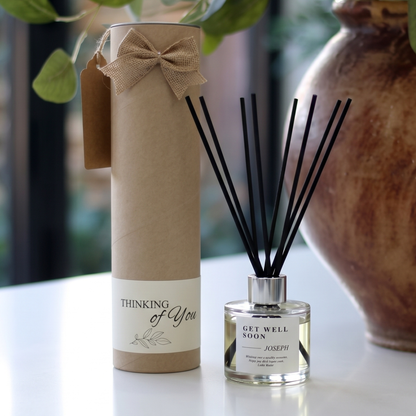 Personalised "Get Well Soon" name candle and luxury reed diffuser keepsake gift set, beautifully packaged and ready to gift by Hideaway Home Fragrances.