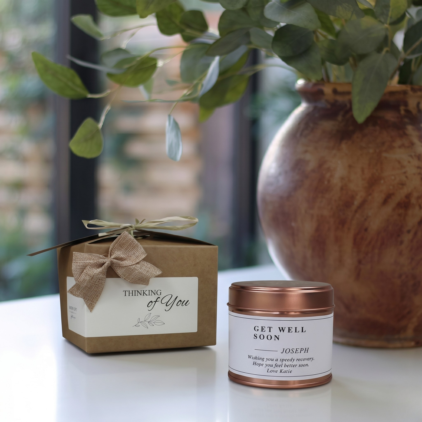 Custom name recovery care package gift box featuring a personalised recipient name candle and matching home fragrance diffuser by Hideaway Home Fragrances.