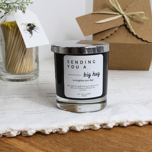 Personalised Get Well Soon candle with ‘Sending Hugs’ message – Hideaway Home Fragrances
