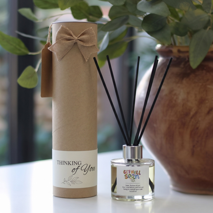 Get well soon personalised candle and luxury reed diffuser keepsake gift set, beautifully packaged and ready to gift by Hideaway Home Fragrances.