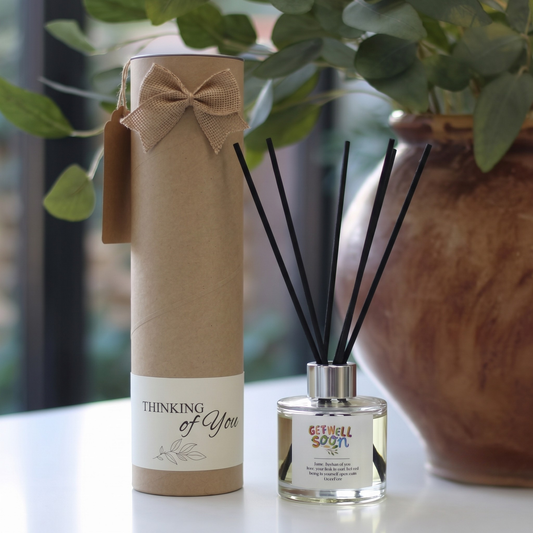 Get well soon personalised candle and luxury reed diffuser keepsake gift set, beautifully packaged and ready to gift by Hideaway Home Fragrances.