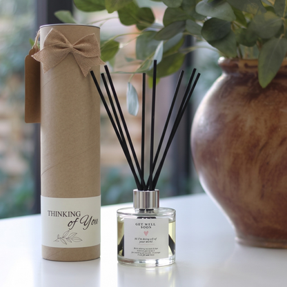 Personalised "Get Well Soon" funny candle and luxury reed diffuser keepsake gift set, beautifully packaged and ready to gift by Hideaway Home Fragrances.