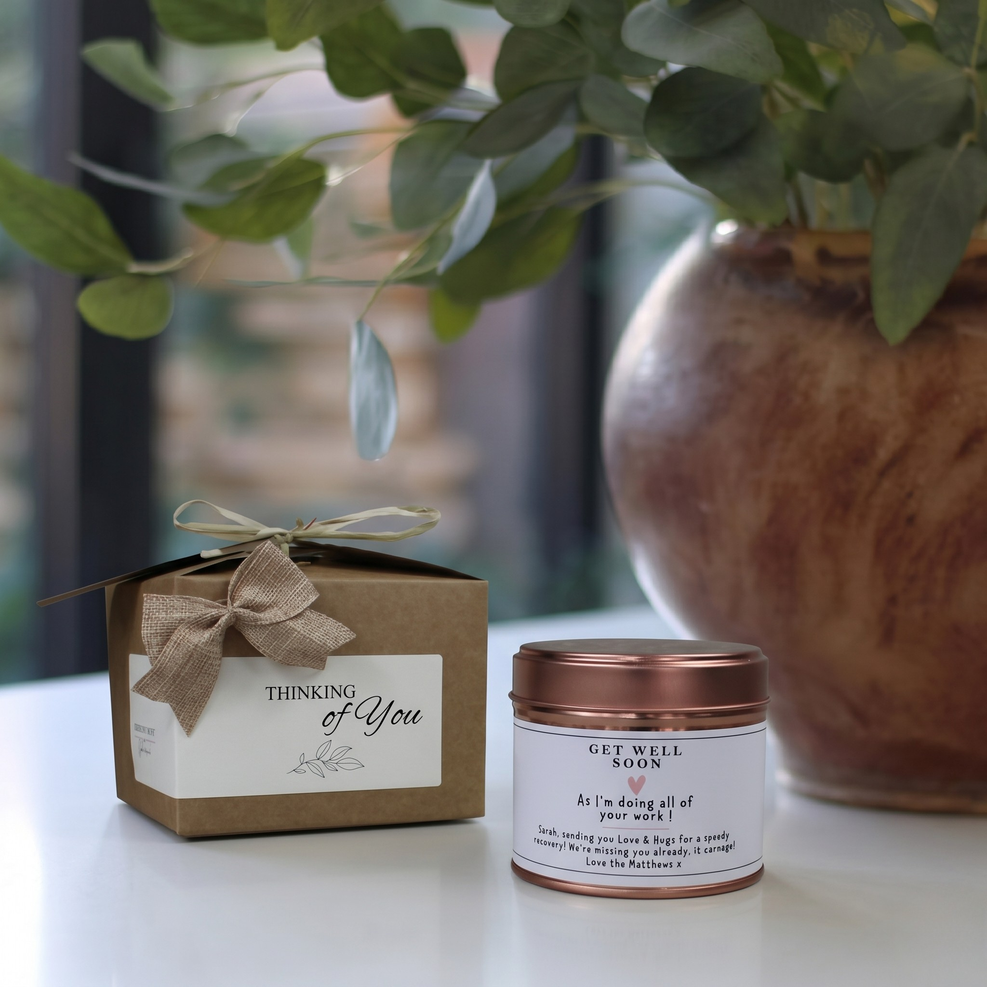 Funny recovery care package gift box featuring a custom humorous quote candle and matching home fragrance diffuser by Hideaway Home Fragrances.