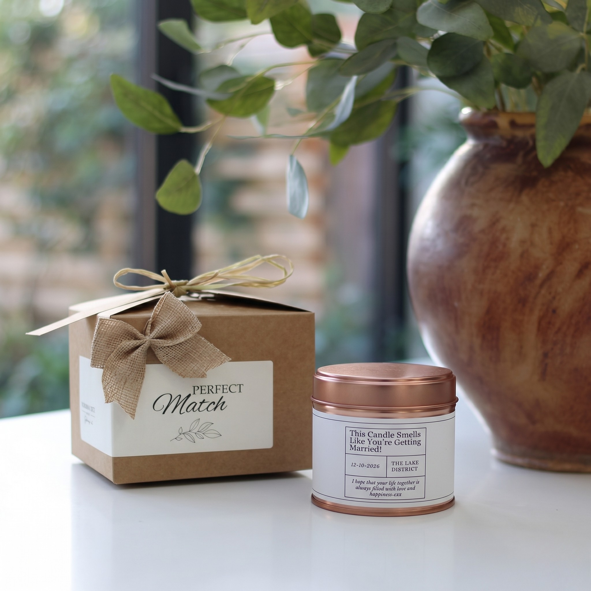 Custom engraved wedding congratulations candle and diffuser luxury gift box for newlyweds by Hideaway Home Fragrances