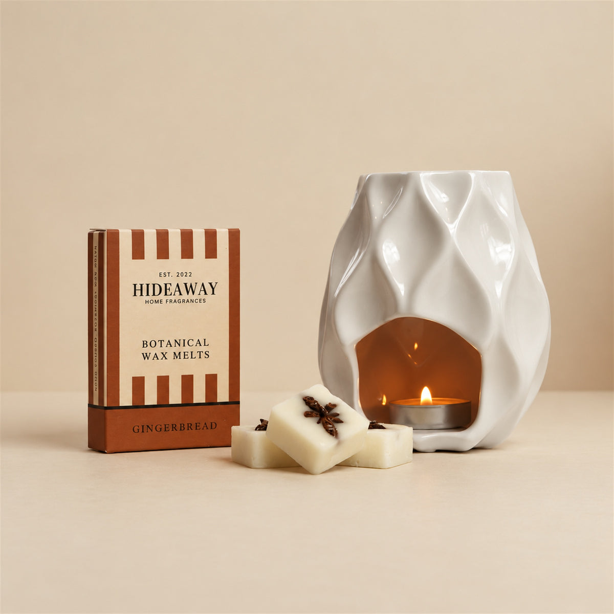 Hideaway Home Fragrances gingerbread botanical wax melts eco-friendly packaging highlighting notes of homemade gingerbread, crisp cookie, and golden caramel
