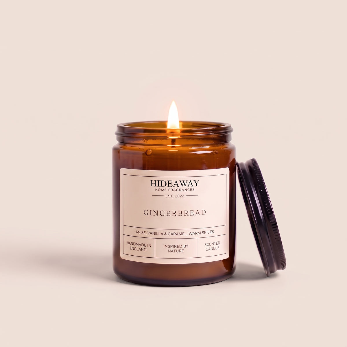 Hand-poured gingerbread aromatic amber glass candle featuring rich notes of spiced ginger and warm vanilla, Hideaway Home Fragrances