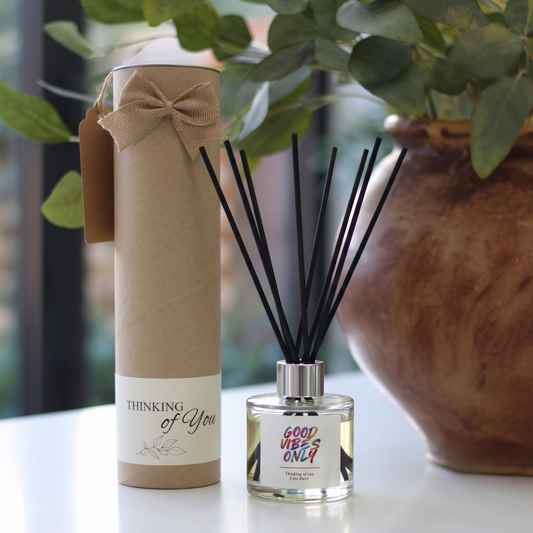 Personalised "Good Vibes Only" positive energy gift set featuring a luxury scented candle and reed diffuser – Hideaway Home Fragrances