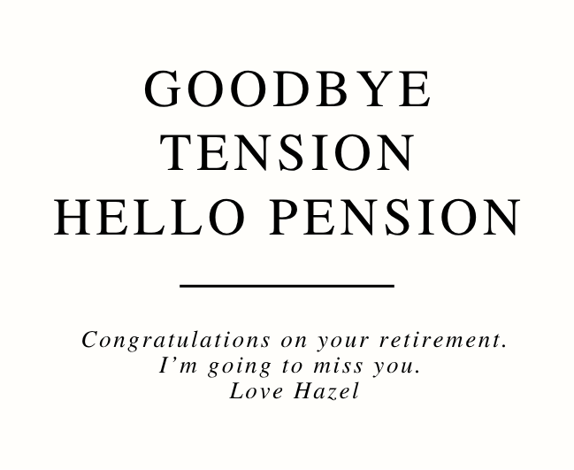 Funny personalized office leaving gift set with a witty "goodbye tension hello pension" relaxation tribute candle and reed diffuser, elegantly boxed by Hideaway Home Fragrances.