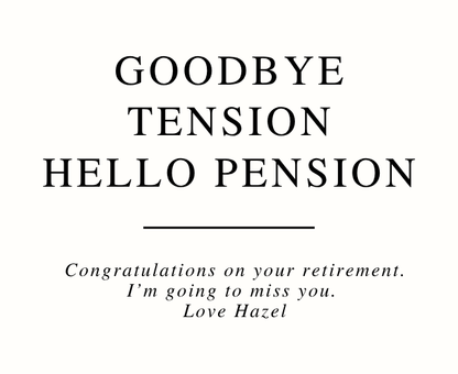 Funny personalized office leaving gift set with a witty "goodbye tension hello pension" relaxation tribute candle and reed diffuser, elegantly boxed by Hideaway Home Fragrances.