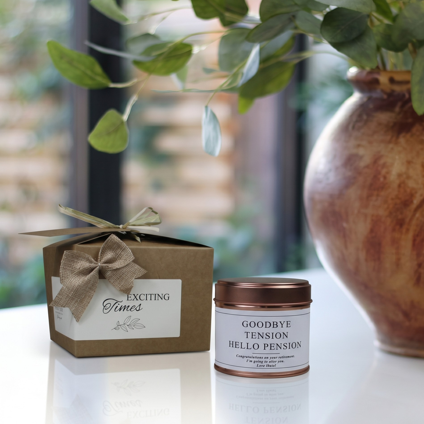 Custom luxury retirement congratulations gift box featuring a humorous coworker farewell candle and matching home fragrance diffuser by Hideaway Home Fragrances.
