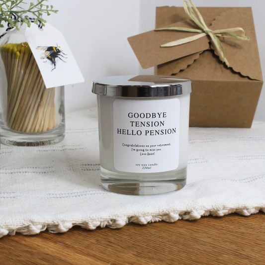 Goodbye Tension Hello Pension Personalised Candle – Funny Retirement Gift by Hideaway Home Fragrances