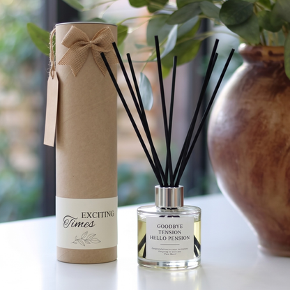 Personalised "Goodbye Tension Hello Pension" funny retirement candle and luxury reed diffuser keepsake gift set, beautifully packaged and ready to gift by Hideaway Home Fragrances.