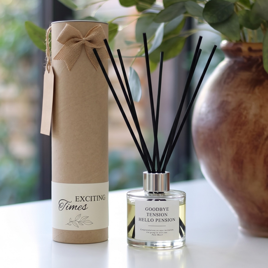 Personalised "Goodbye Tension Hello Pension" funny retirement candle and luxury reed diffuser keepsake gift set, beautifully packaged and ready to gift by Hideaway Home Fragrances.