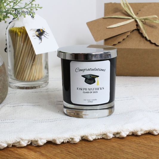 Personalised graduation candle gift with name and congratulations message – Hideaway Home Fragrances