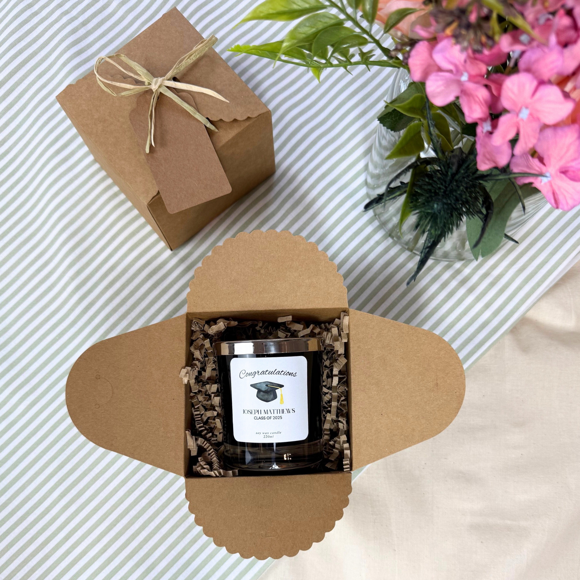 Elegant personalised candle keepsake to honour graduation success – Hideaway Home Fragrances